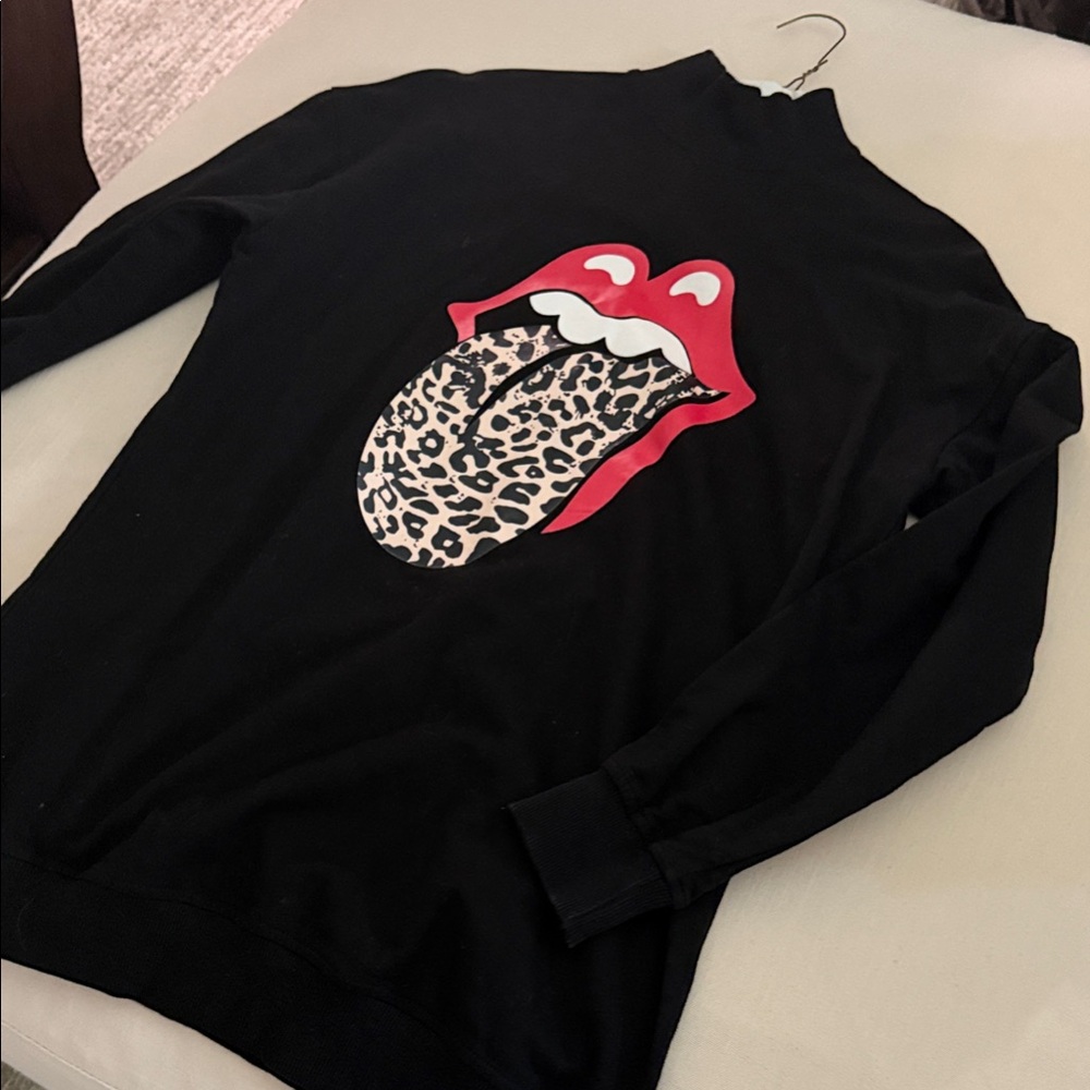 the Rolling Stones Black Crewneck with Red Leopard Tongue Graphic